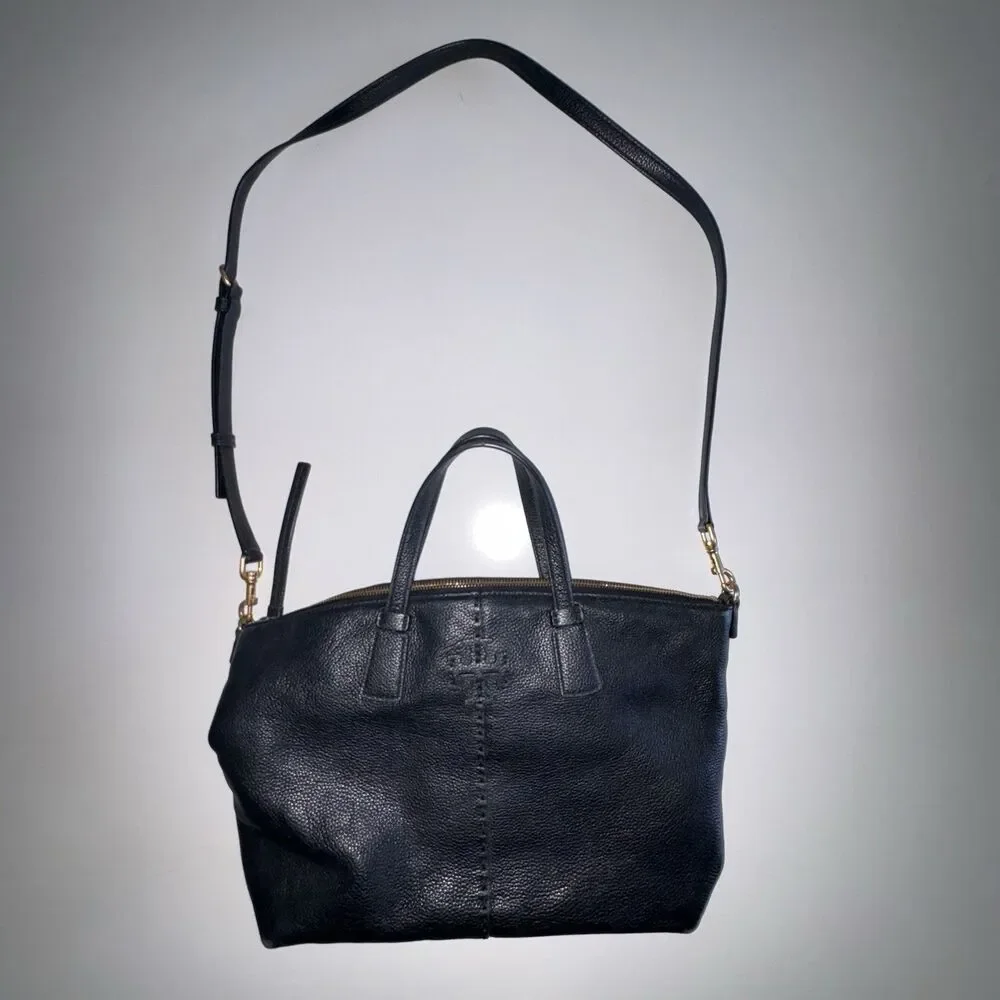Tory Burch Black Pebbled Leather McGraw Top-Zip Satchel Crossbody Bag